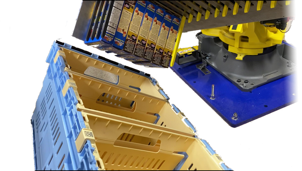 an image dePack loading boxed products into a sorting crate